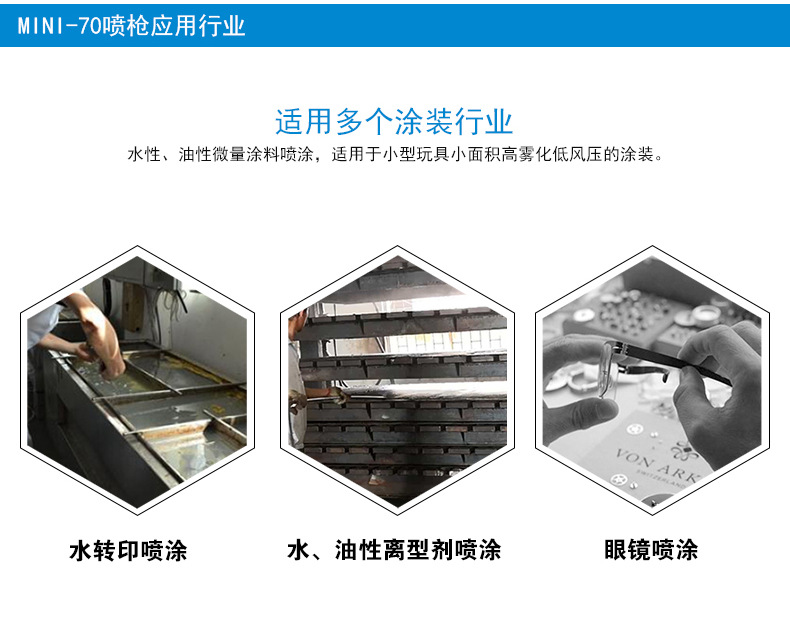 适用多个涂装行业，水性、油性微量涂料喷涂，适用于小型玩具小面积喷涂